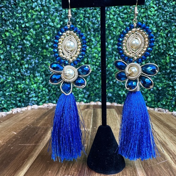 Hand made checo crystal beads 14K gold plated Blue Tassel Earrings NEW - Picture 3 of 6